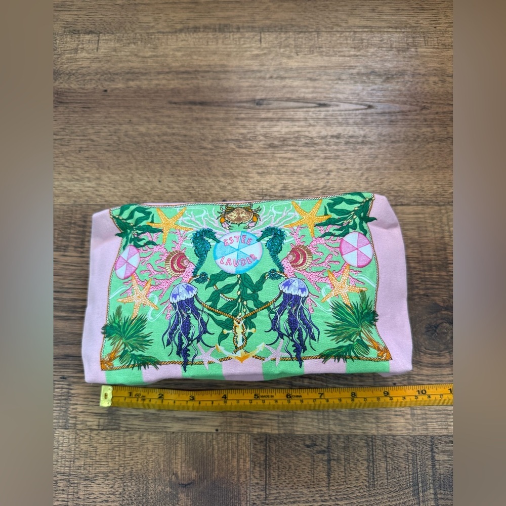 ESTEE LAUDER Recycled Fabric Makeup  Bag Bag Green Pink Striped with Zipper - Picture 3 of 8